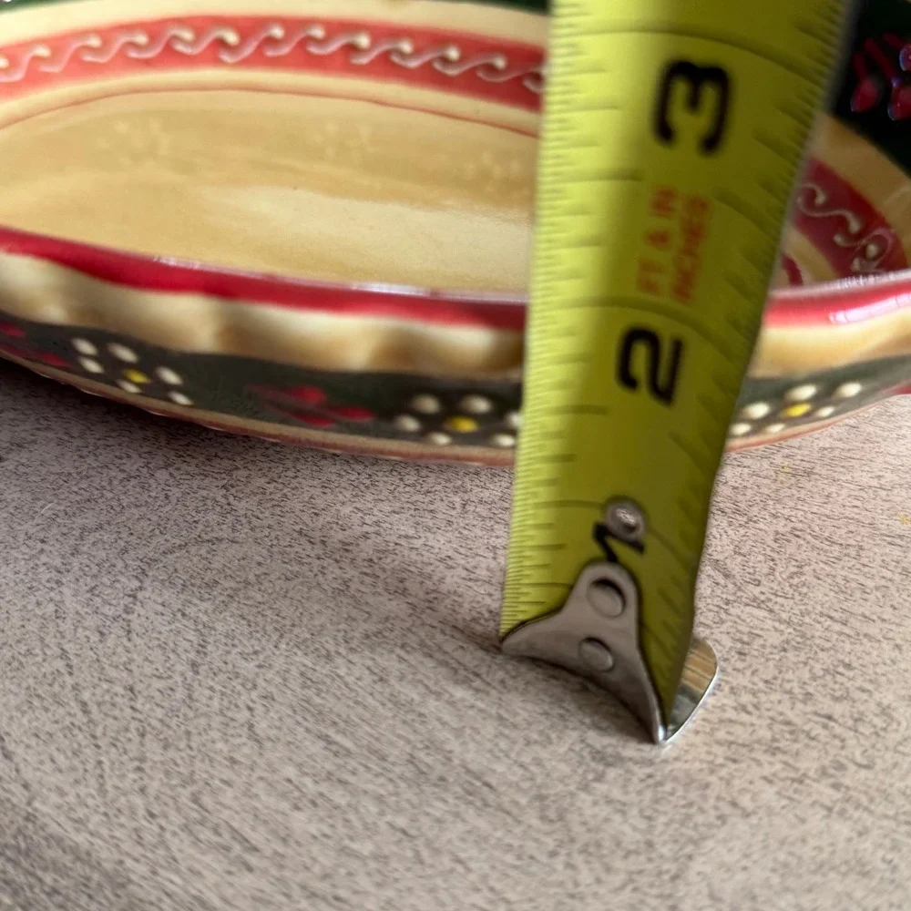 Hand Painted Ceramic Oval Serving Bowl Scalloped Rim Floral Folk Art Red Green